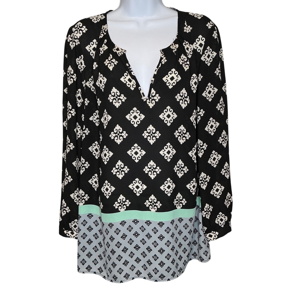 Hatley Womens Long Sleeve Mod Print Tunic Top Sz L Coastal Boho Artsy Flowy